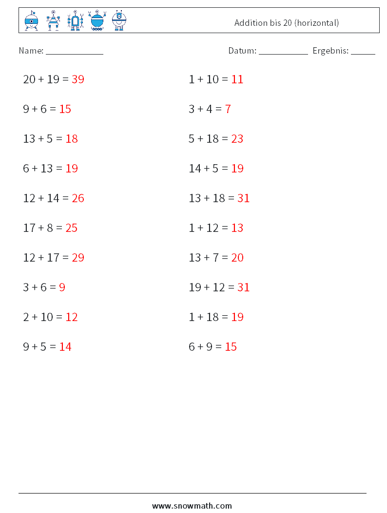(20) Addition bis 20 (horizontal) Mathe-Arbeitsblätter 6 Frage, Antwort