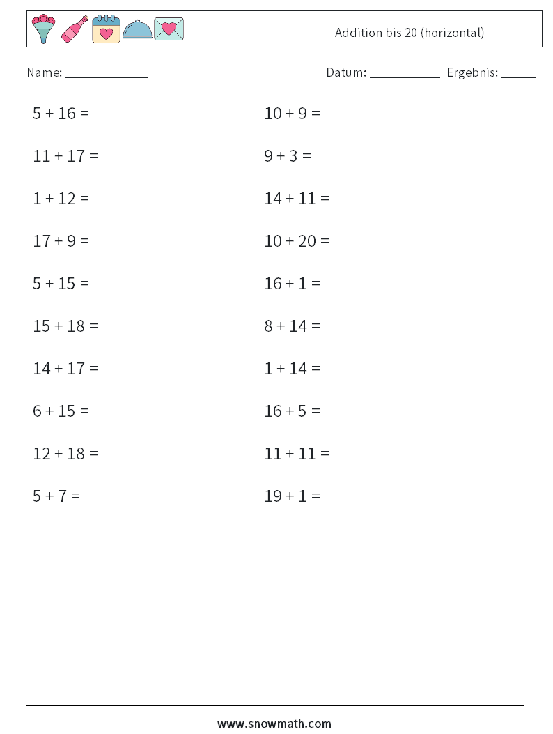 (20) Addition bis 20 (horizontal) Mathe-Arbeitsblätter 7