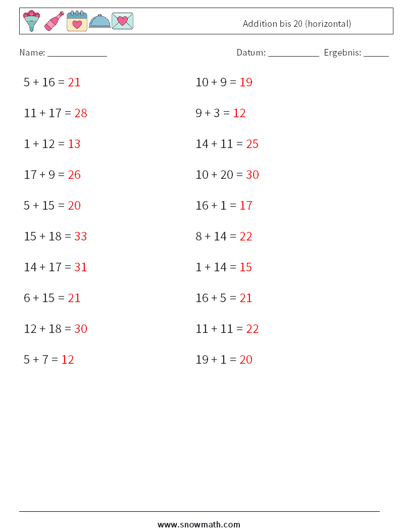 (20) Addition bis 20 (horizontal) Mathe-Arbeitsblätter 7 Frage, Antwort