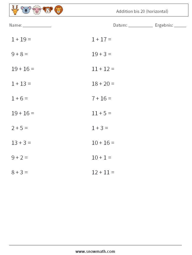 (20) Addition bis 20 (horizontal) Mathe-Arbeitsblätter 8
