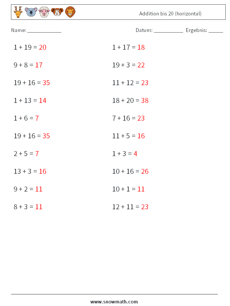 (20) Addition bis 20 (horizontal) Mathe-Arbeitsblätter 8 Frage, Antwort