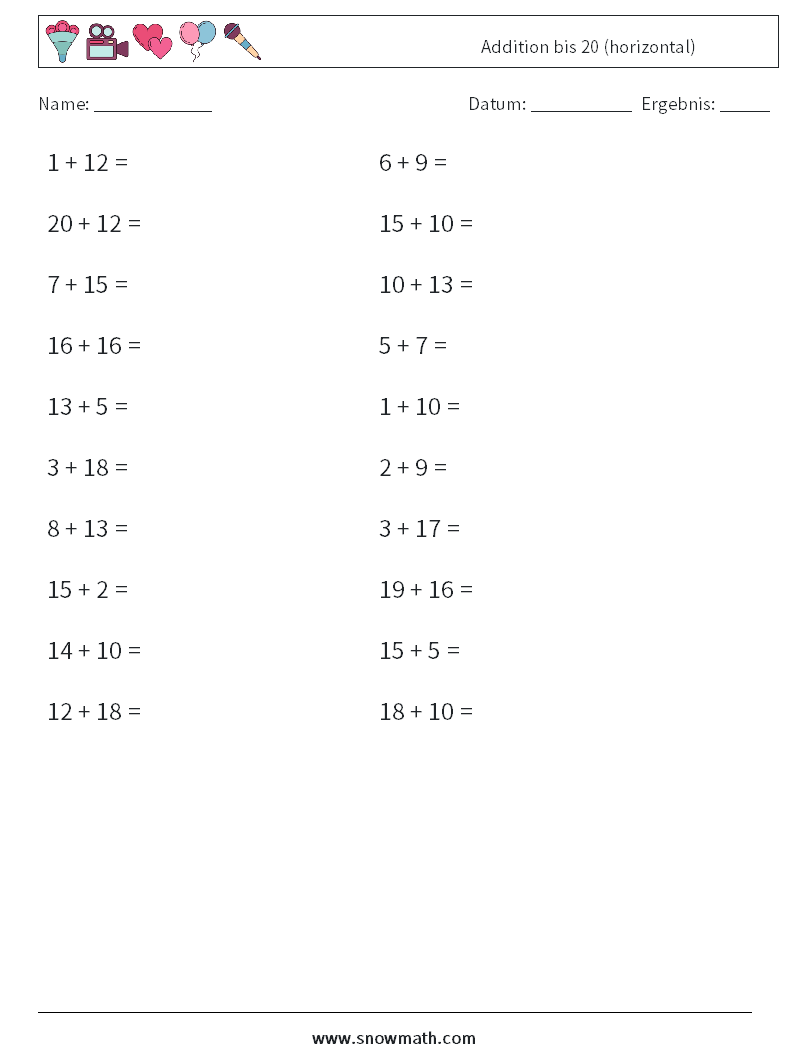 (20) Addition bis 20 (horizontal) Mathe-Arbeitsblätter 9