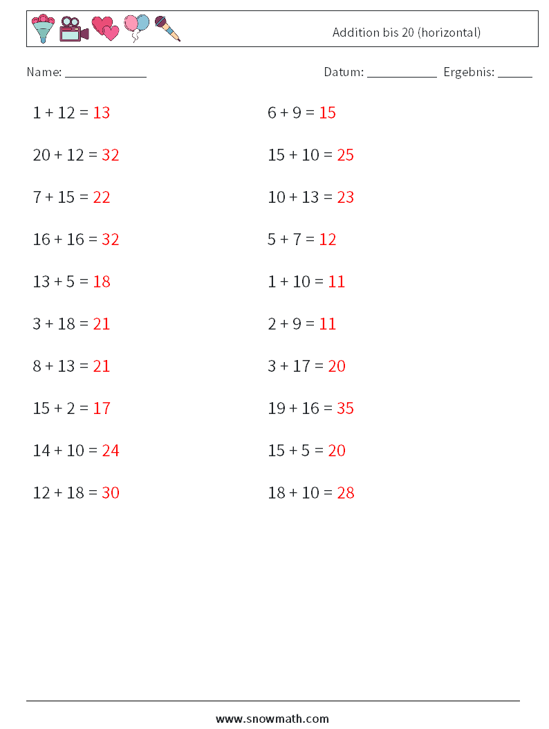 (20) Addition bis 20 (horizontal) Mathe-Arbeitsblätter 9 Frage, Antwort
