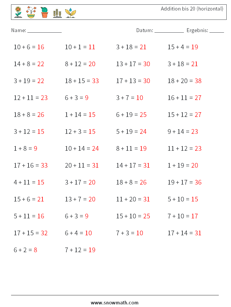 (50) Addition bis 20 (horizontal) Mathe-Arbeitsblätter 1 Frage, Antwort