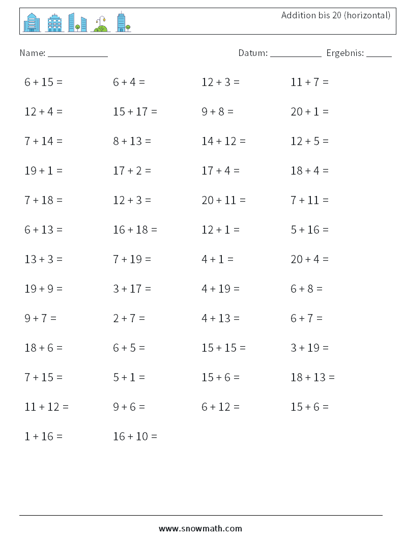 (50) Addition bis 20 (horizontal) Mathe-Arbeitsblätter 2