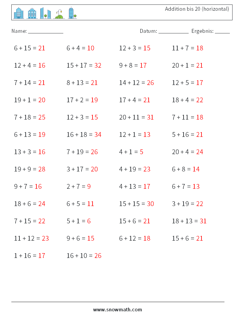(50) Addition bis 20 (horizontal) Mathe-Arbeitsblätter 2 Frage, Antwort