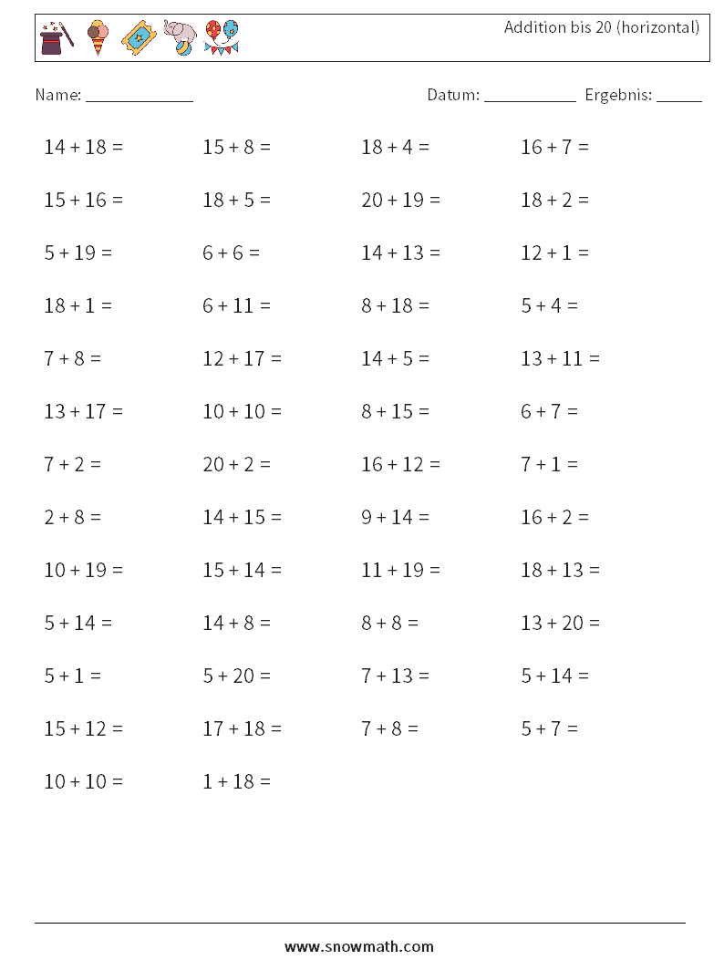 (50) Addition bis 20 (horizontal) Mathe-Arbeitsblätter 3