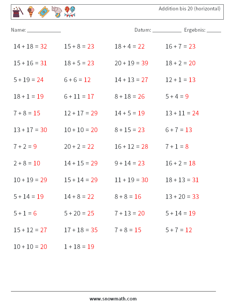 (50) Addition bis 20 (horizontal) Mathe-Arbeitsblätter 3 Frage, Antwort