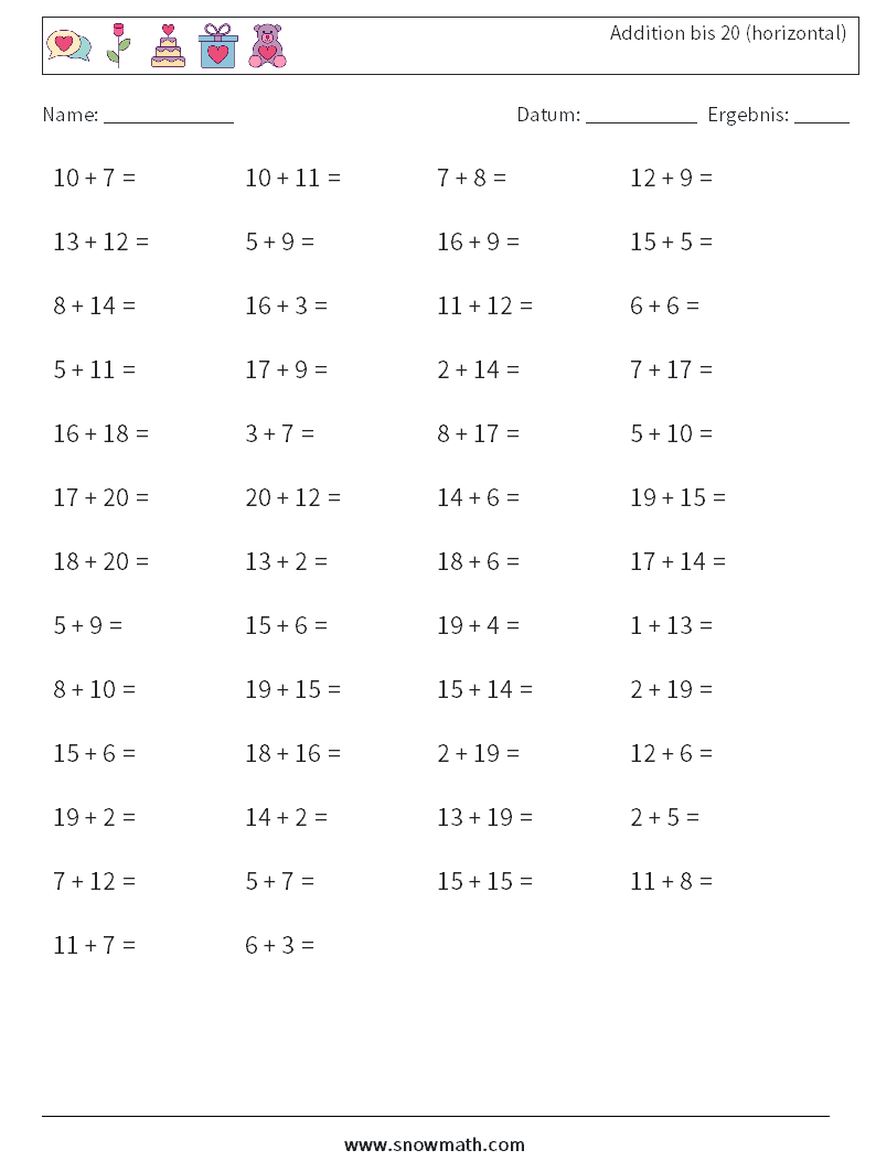 (50) Addition bis 20 (horizontal) Mathe-Arbeitsblätter 4
