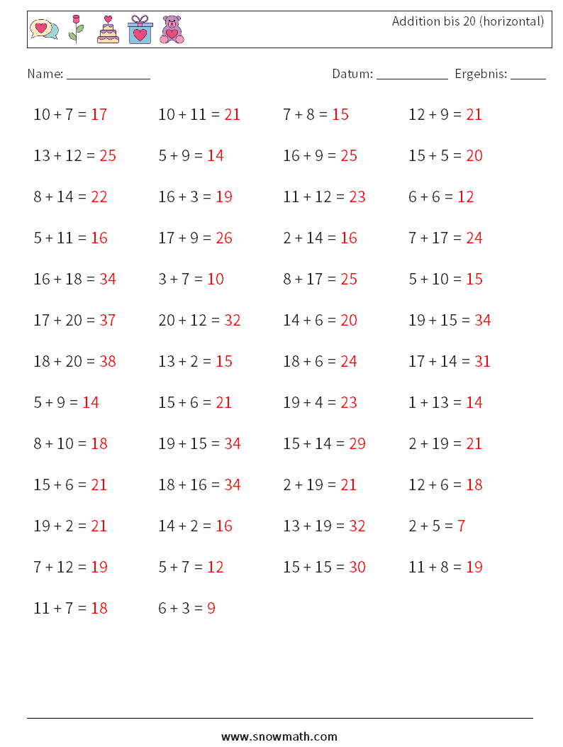 (50) Addition bis 20 (horizontal) Mathe-Arbeitsblätter 4 Frage, Antwort
