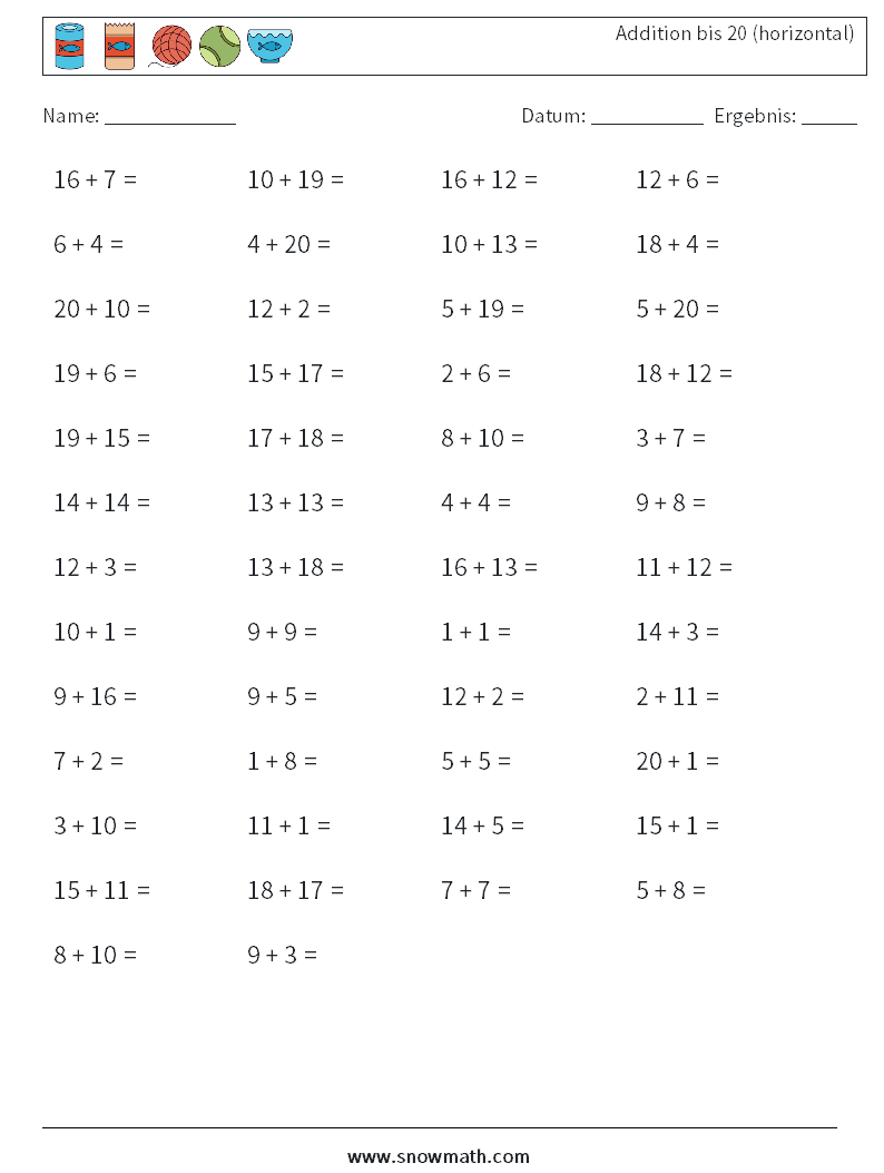 (50) Addition bis 20 (horizontal) Mathe-Arbeitsblätter 5