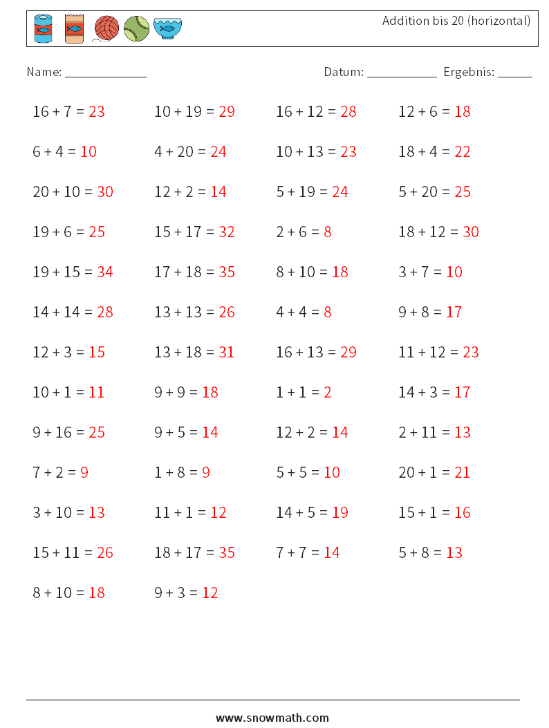 (50) Addition bis 20 (horizontal) Mathe-Arbeitsblätter 5 Frage, Antwort