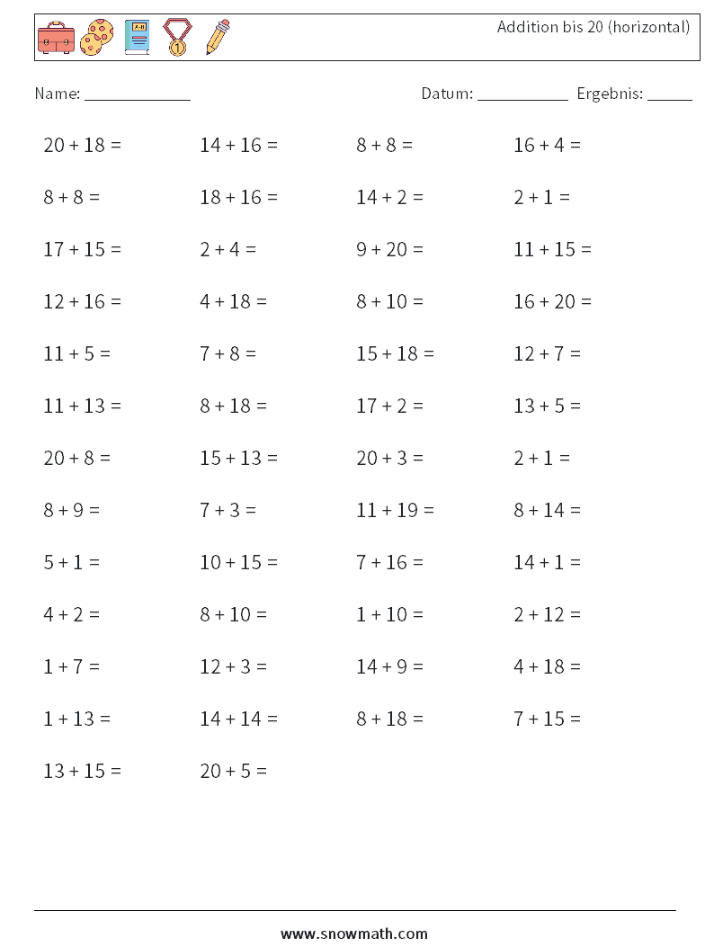 (50) Addition bis 20 (horizontal) Mathe-Arbeitsblätter 6