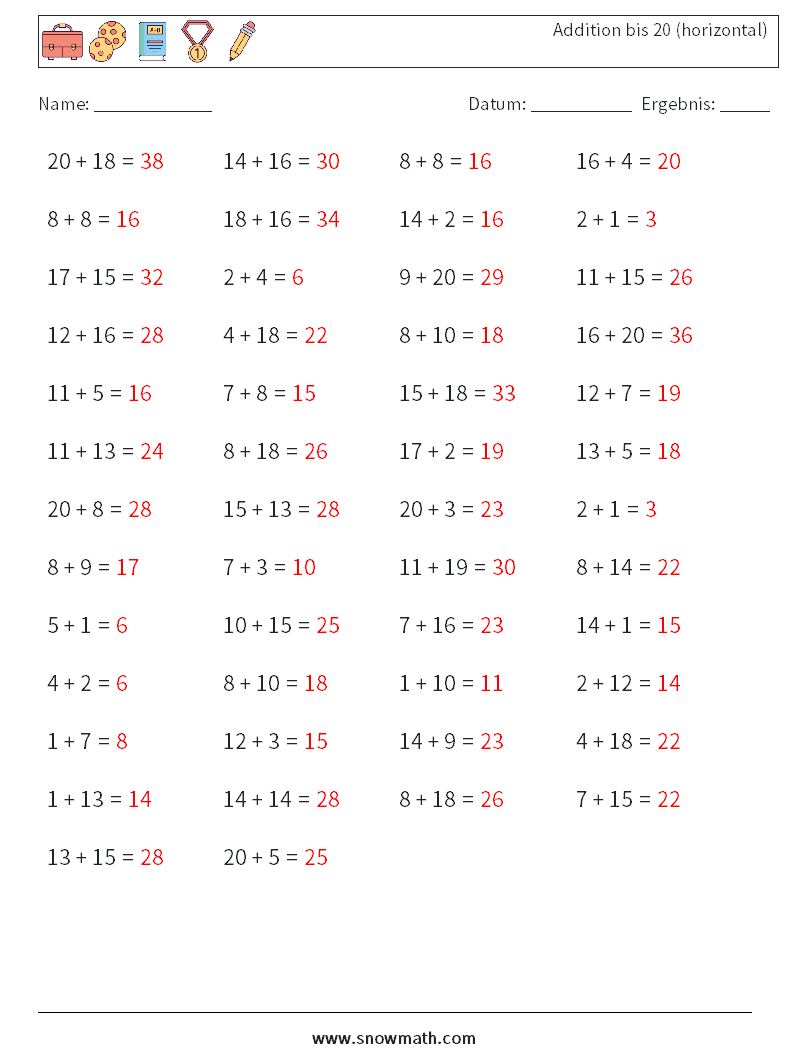 (50) Addition bis 20 (horizontal) Mathe-Arbeitsblätter 6 Frage, Antwort