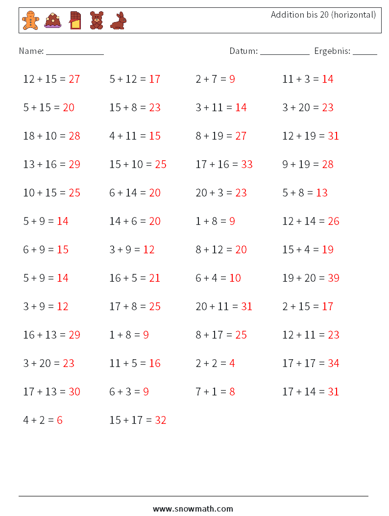 (50) Addition bis 20 (horizontal) Mathe-Arbeitsblätter 7 Frage, Antwort