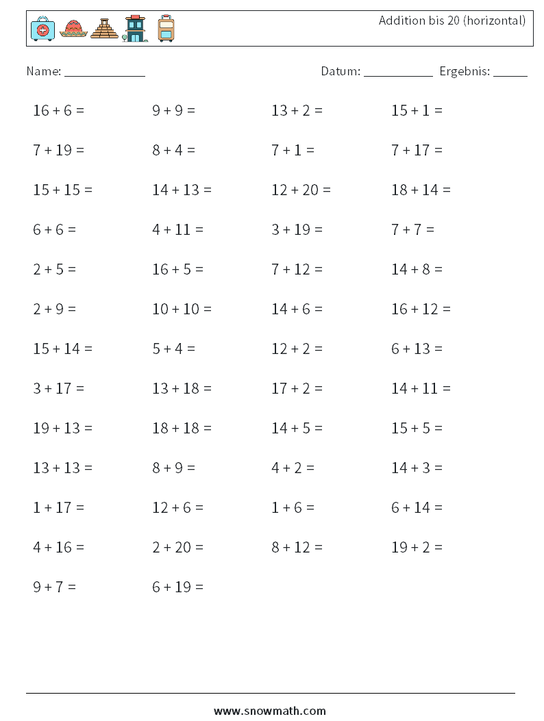 (50) Addition bis 20 (horizontal) Mathe-Arbeitsblätter 8
