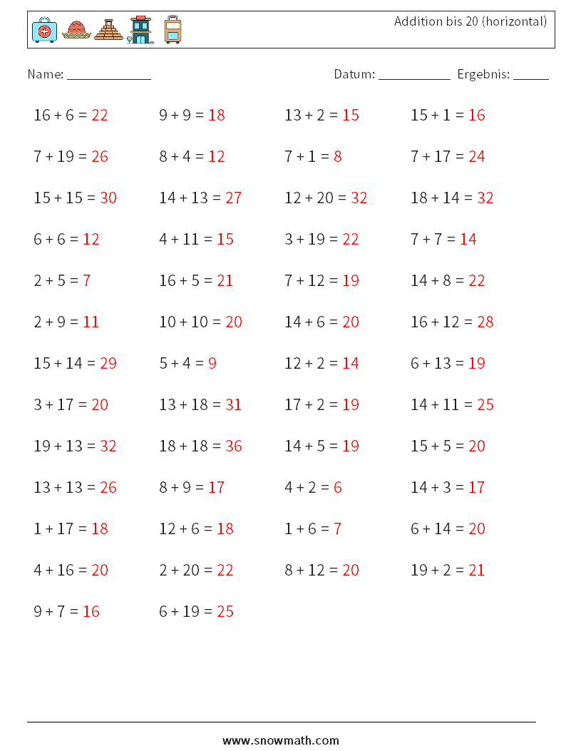 (50) Addition bis 20 (horizontal) Mathe-Arbeitsblätter 8 Frage, Antwort