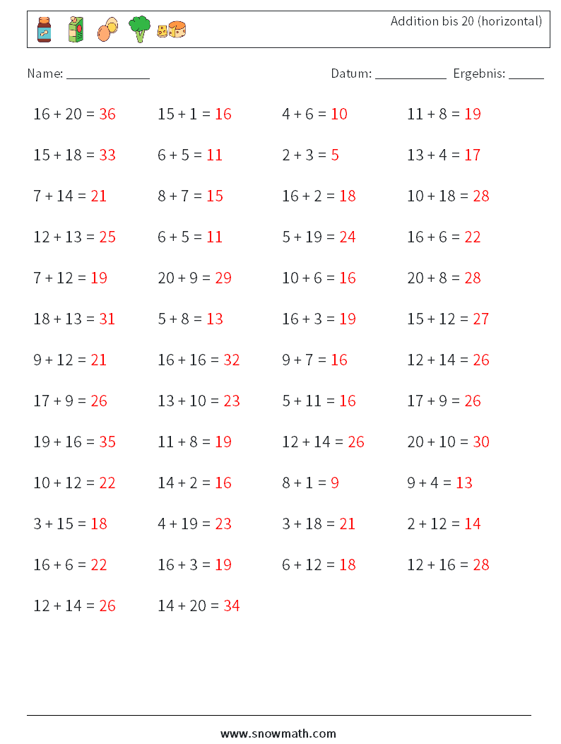 (50) Addition bis 20 (horizontal) Mathe-Arbeitsblätter 9 Frage, Antwort
