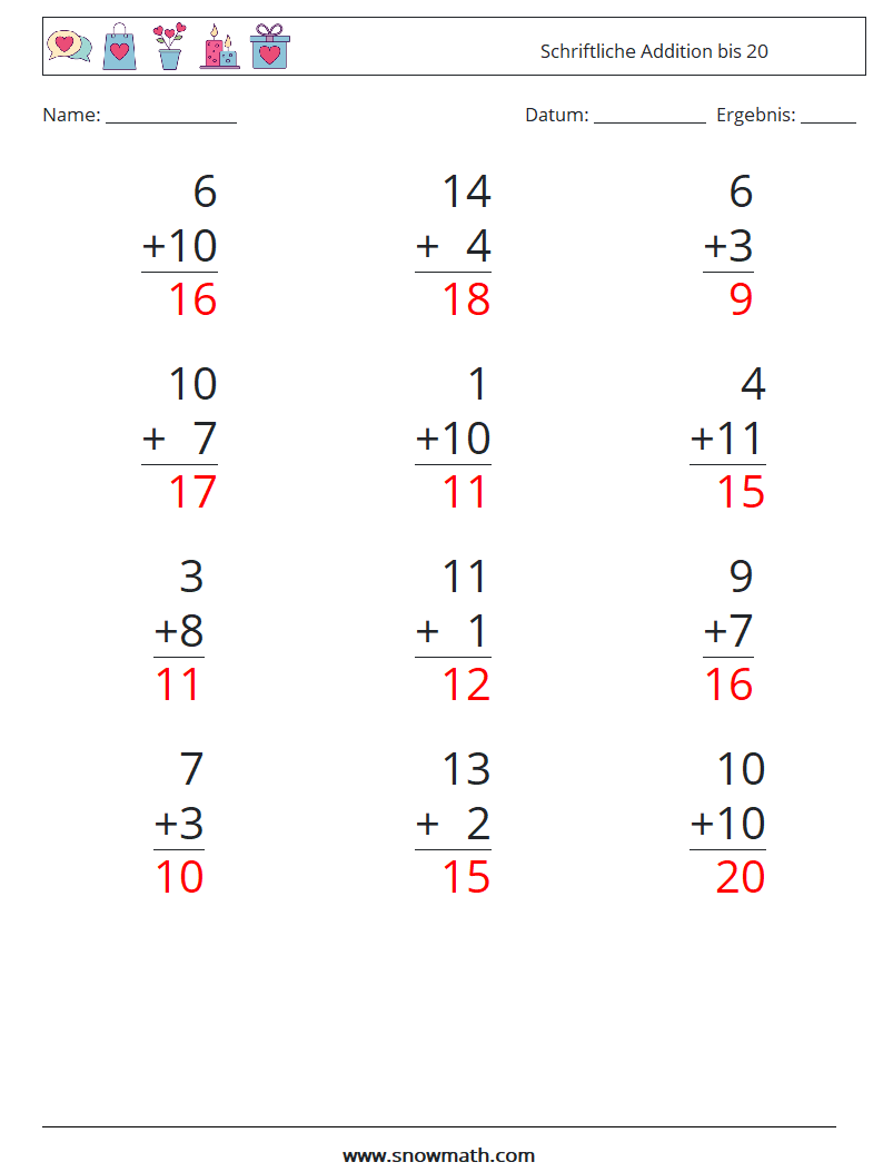 (12) Schriftliche Addition bis 20 Mathe-Arbeitsblätter 13 Frage, Antwort