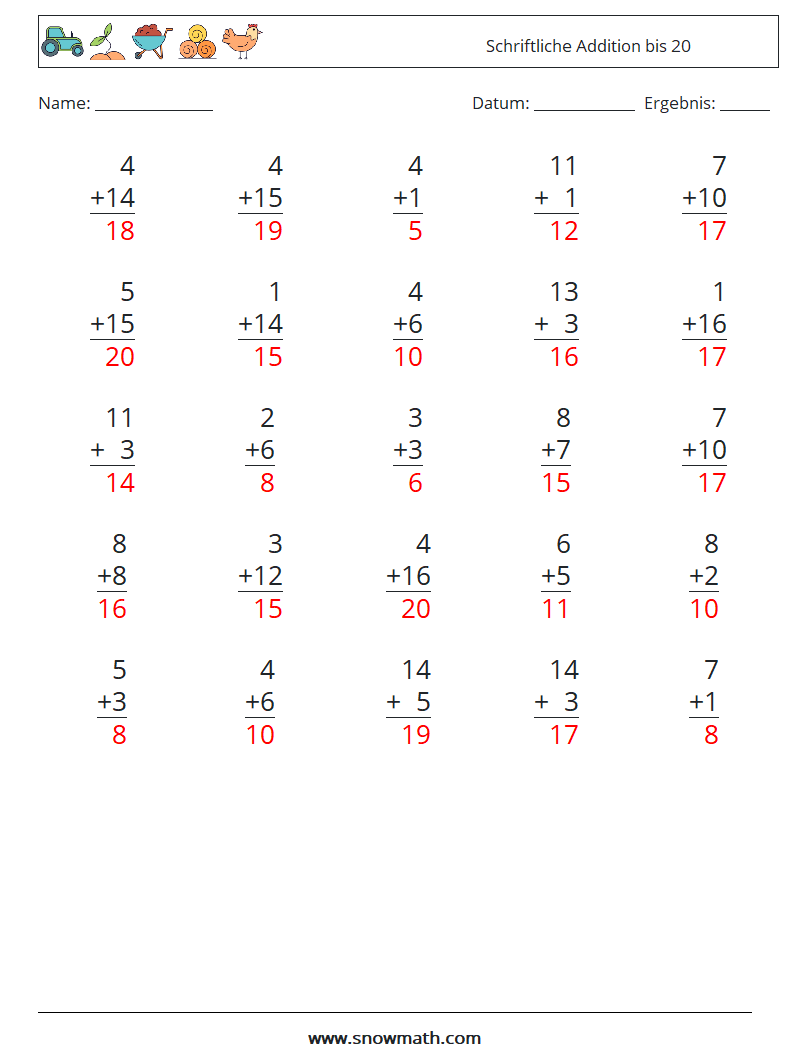 (25) Schriftliche Addition bis 20 Mathe-Arbeitsblätter 10 Frage, Antwort