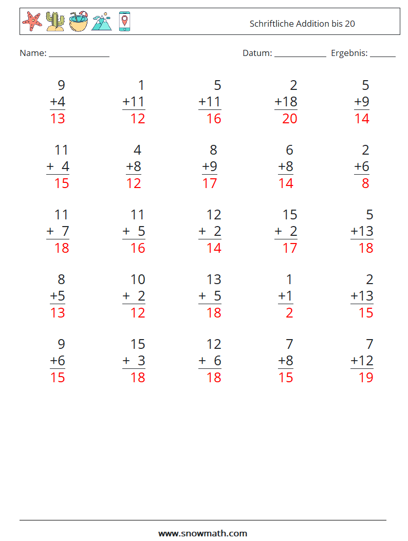 (25) Schriftliche Addition bis 20 Mathe-Arbeitsblätter 18 Frage, Antwort