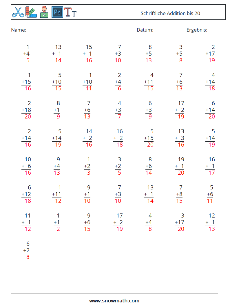 (50) Schriftliche Addition bis 20 Mathe-Arbeitsblätter 11 Frage, Antwort