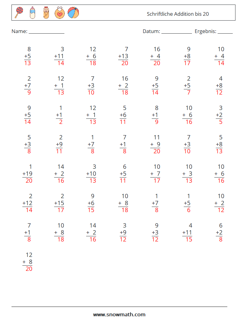 (50) Schriftliche Addition bis 20 Mathe-Arbeitsblätter 13 Frage, Antwort