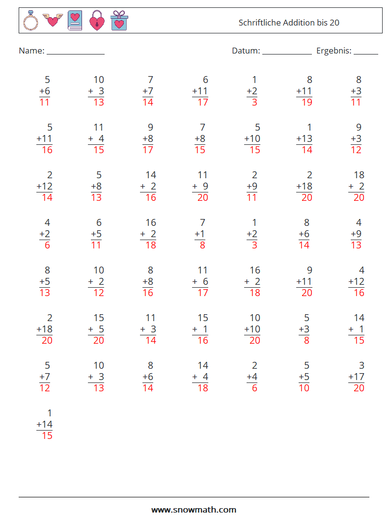 (50) Schriftliche Addition bis 20 Mathe-Arbeitsblätter 16 Frage, Antwort