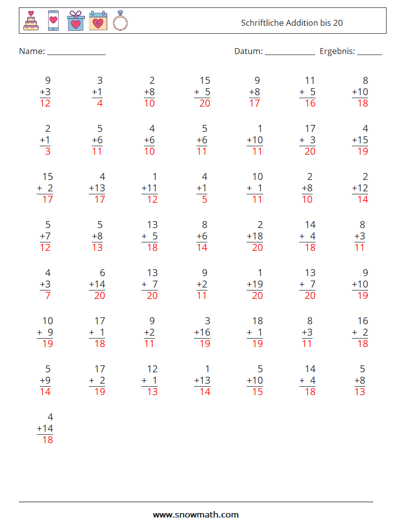 (50) Schriftliche Addition bis 20 Mathe-Arbeitsblätter 17 Frage, Antwort