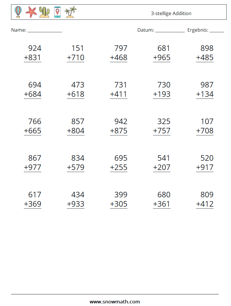 (25) 3-stellige Addition Mathe-Arbeitsblätter 10