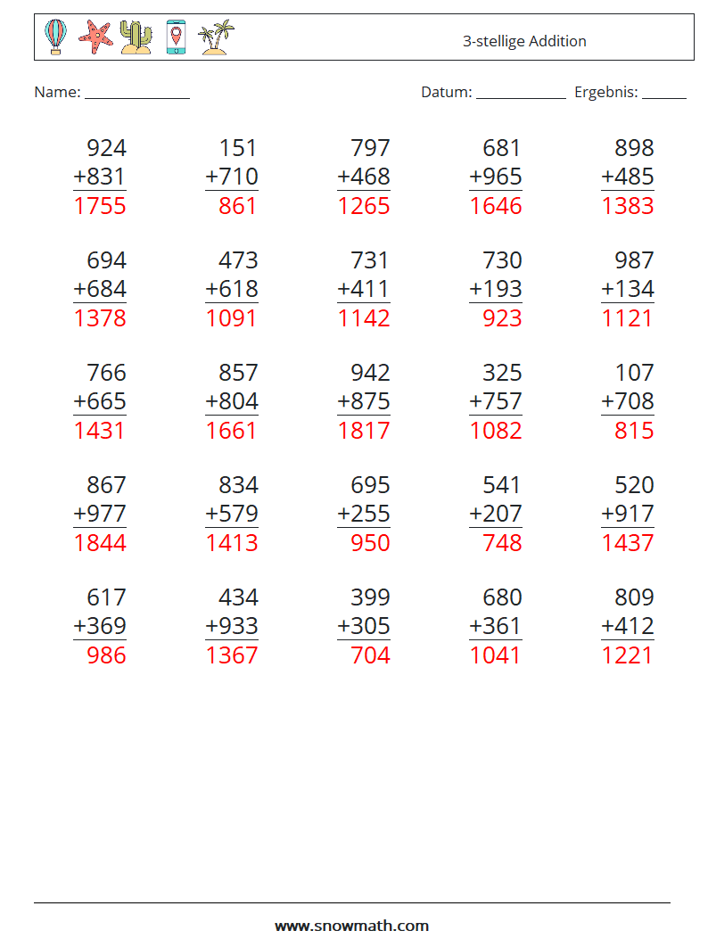 (25) 3-stellige Addition Mathe-Arbeitsblätter 10 Frage, Antwort