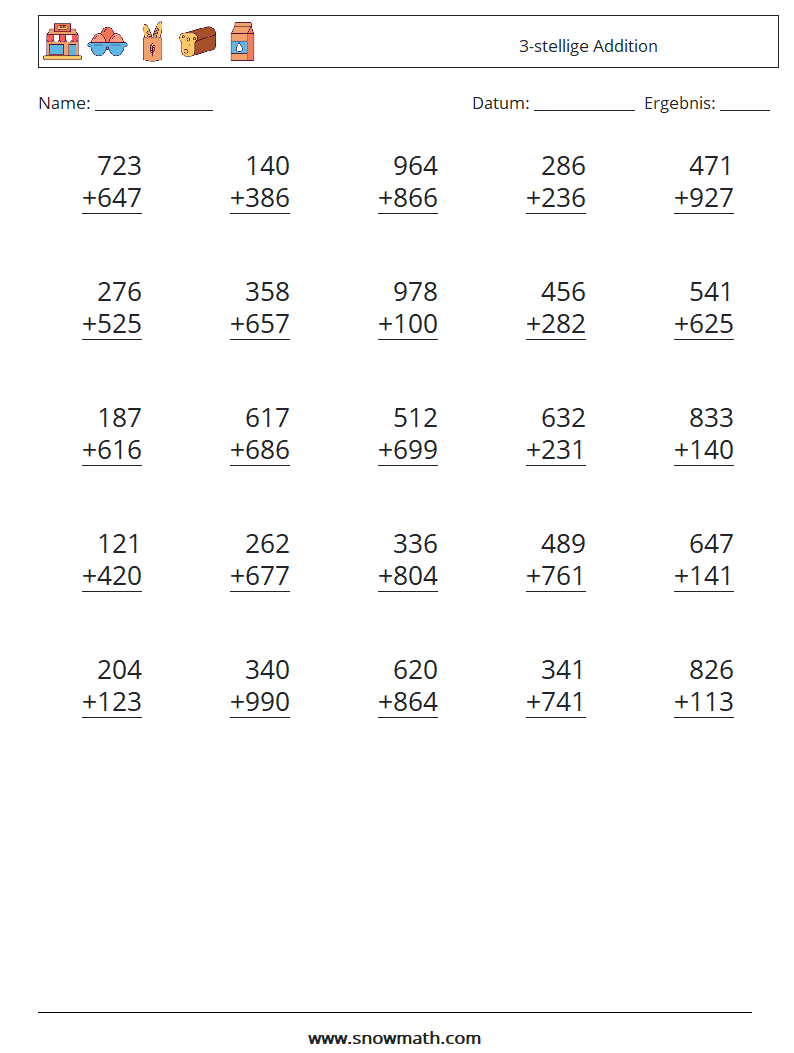 (25) 3-stellige Addition Mathe-Arbeitsblätter 11