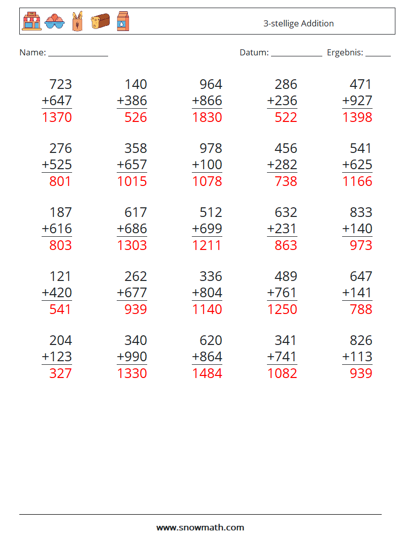 (25) 3-stellige Addition Mathe-Arbeitsblätter 11 Frage, Antwort