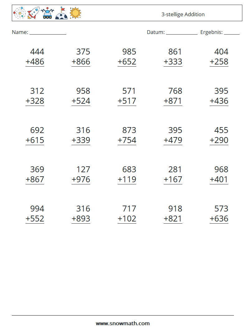 (25) 3-stellige Addition Mathe-Arbeitsblätter 12
