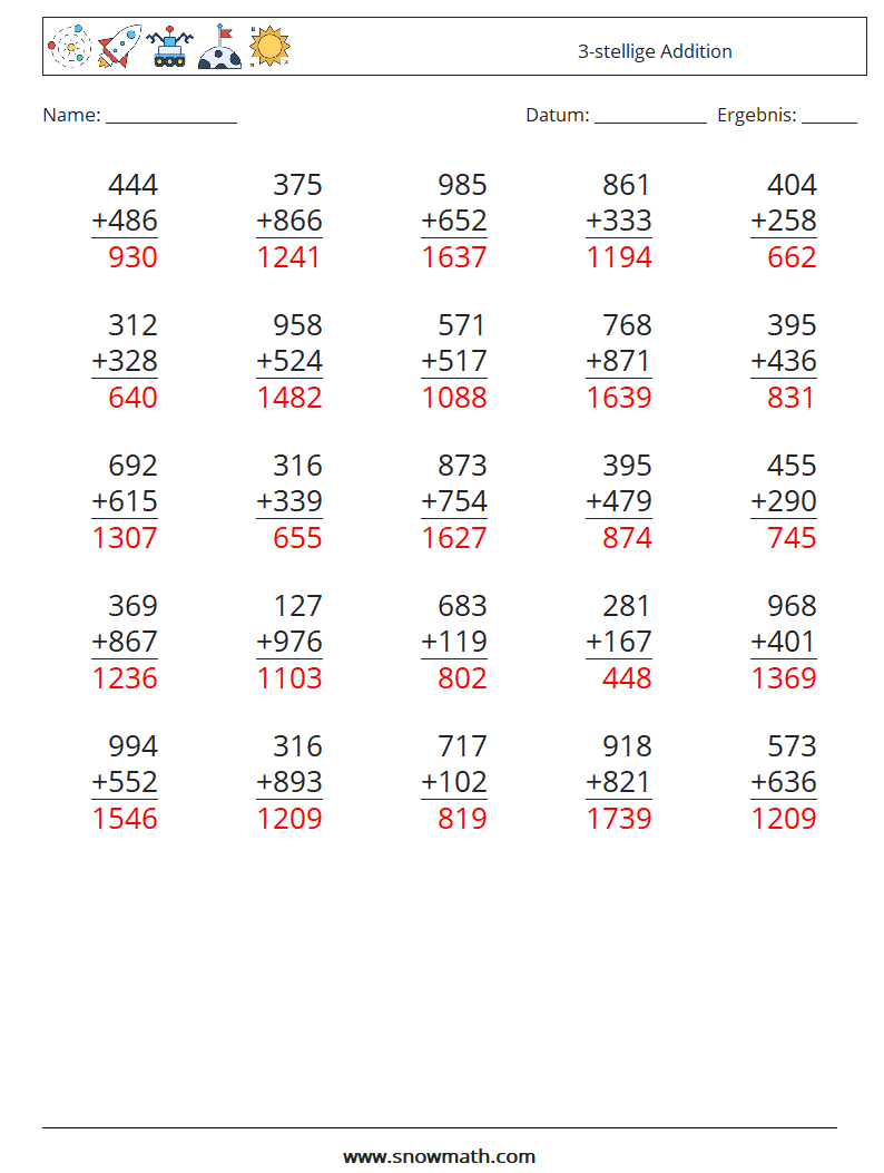 (25) 3-stellige Addition Mathe-Arbeitsblätter 12 Frage, Antwort