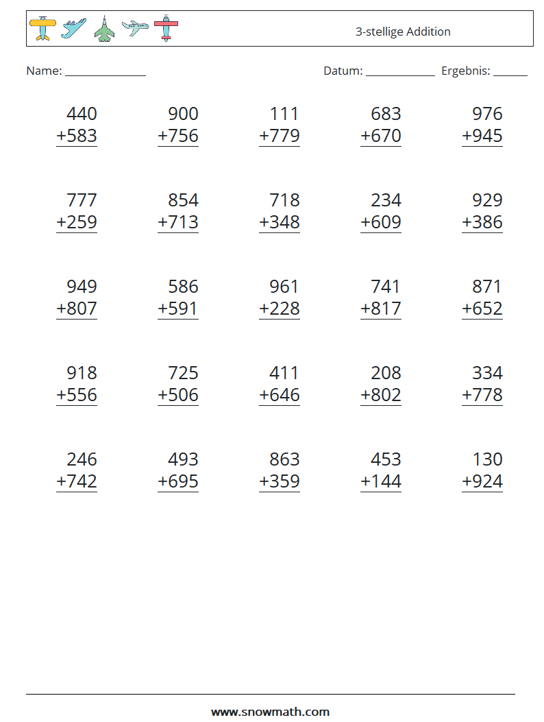 (25) 3-stellige Addition Mathe-Arbeitsblätter 13