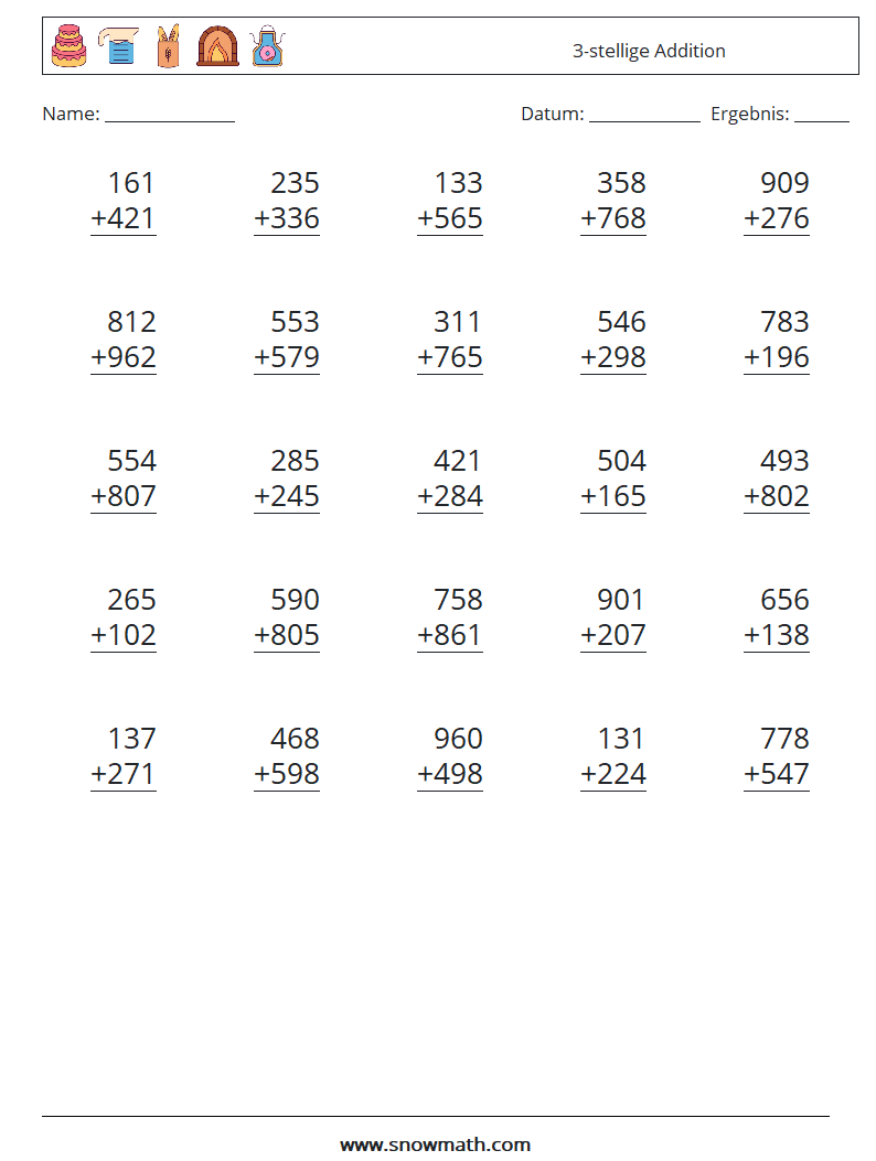(25) 3-stellige Addition Mathe-Arbeitsblätter 14