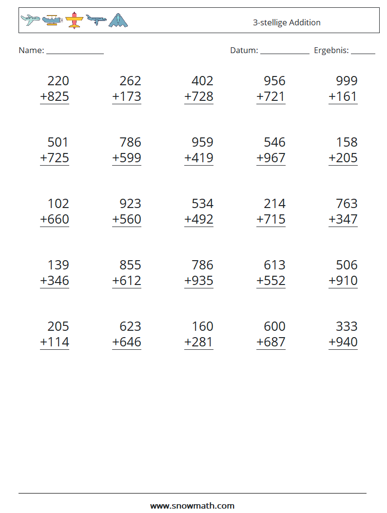 (25) 3-stellige Addition Mathe-Arbeitsblätter 15