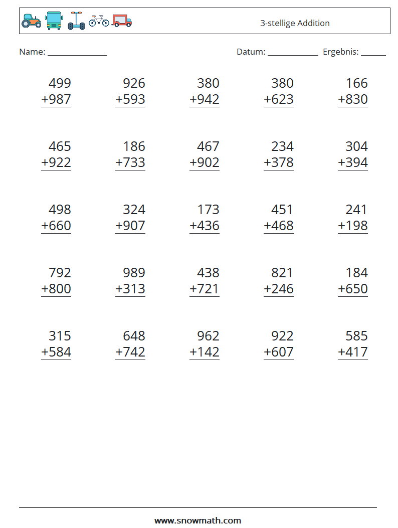 (25) 3-stellige Addition Mathe-Arbeitsblätter 16