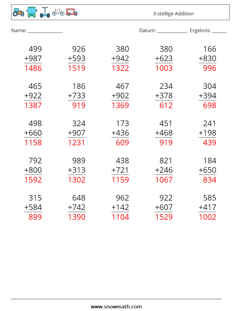 (25) 3-stellige Addition Mathe-Arbeitsblätter 16 Frage, Antwort