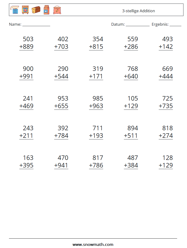 (25) 3-stellige Addition Mathe-Arbeitsblätter 17