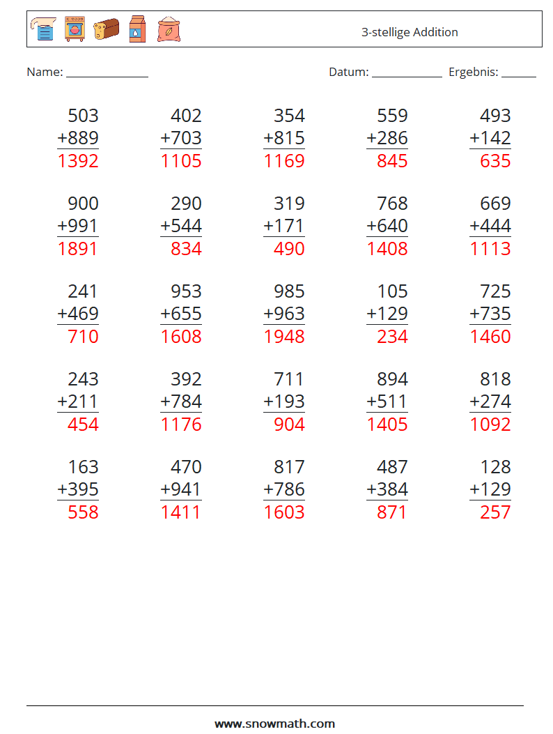 (25) 3-stellige Addition Mathe-Arbeitsblätter 17 Frage, Antwort