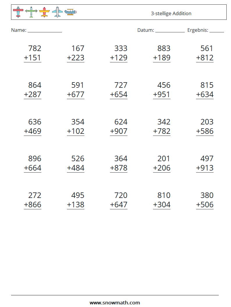 (25) 3-stellige Addition Mathe-Arbeitsblätter 18