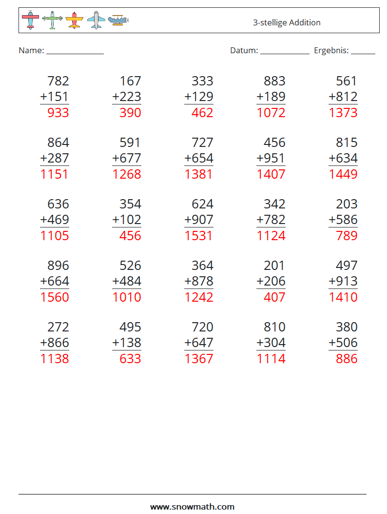 (25) 3-stellige Addition Mathe-Arbeitsblätter 18 Frage, Antwort