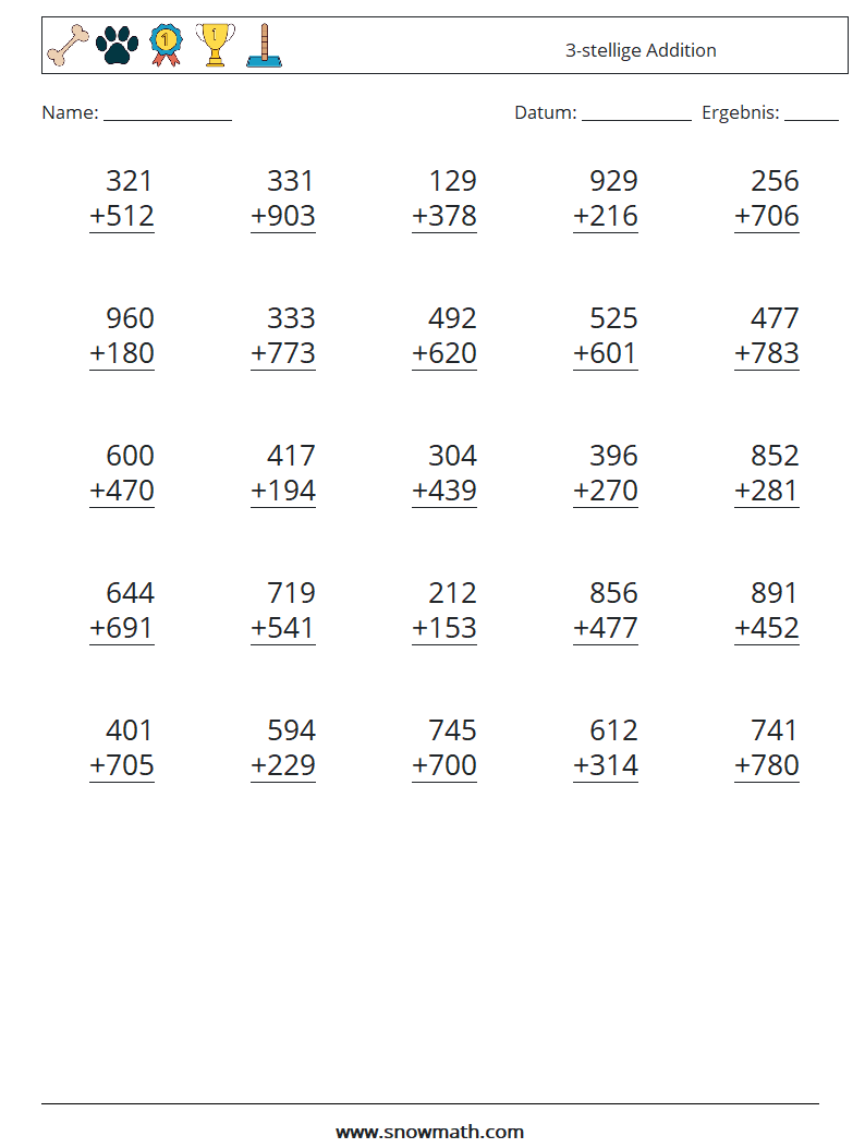 (25) 3-stellige Addition Mathe-Arbeitsblätter 3