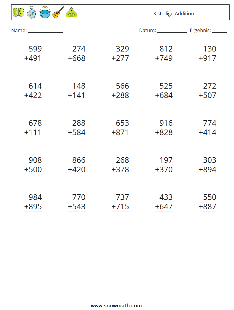 (25) 3-stellige Addition Mathe-Arbeitsblätter 4