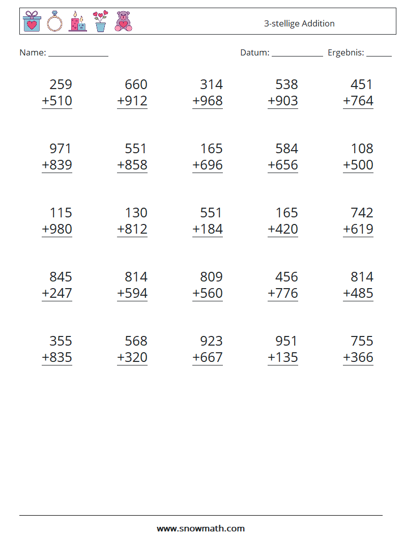 (25) 3-stellige Addition Mathe-Arbeitsblätter 5