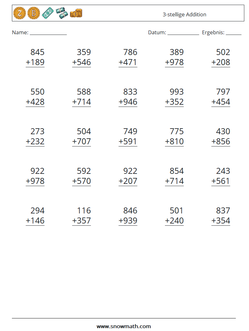 (25) 3-stellige Addition Mathe-Arbeitsblätter 6