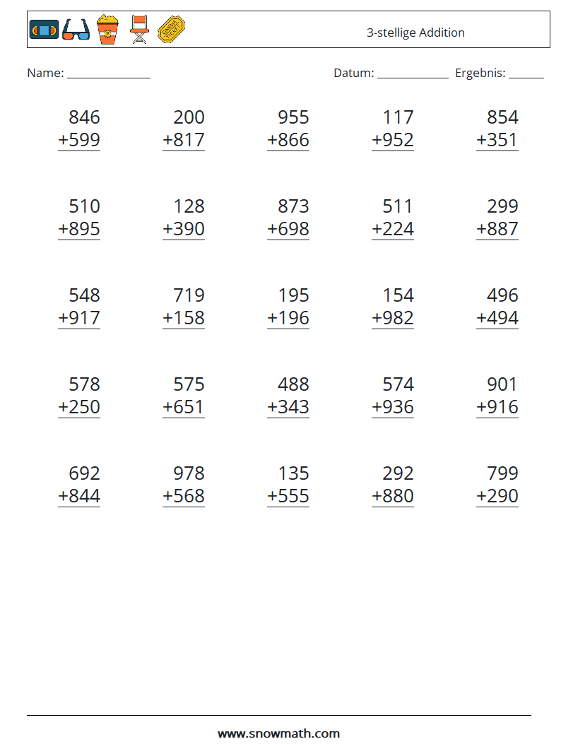 (25) 3-stellige Addition Mathe-Arbeitsblätter 7