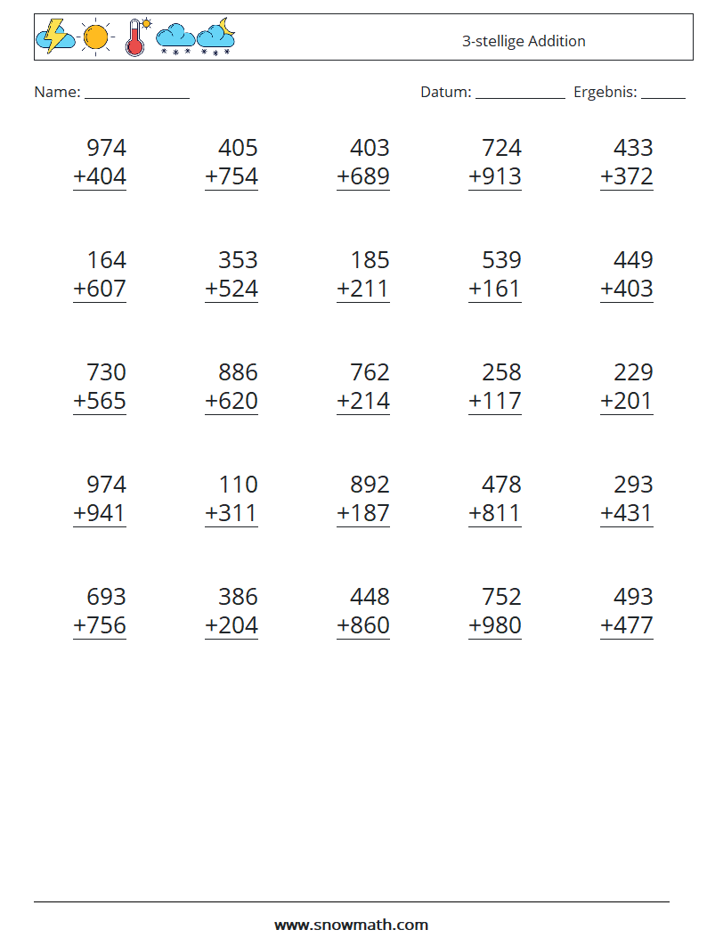 (25) 3-stellige Addition Mathe-Arbeitsblätter 8